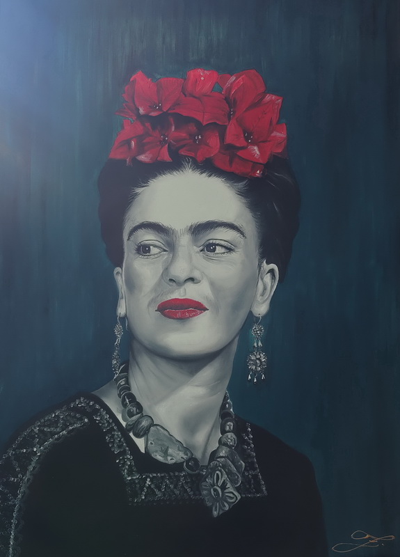 Frida s červenými květy - 70x50cm 
